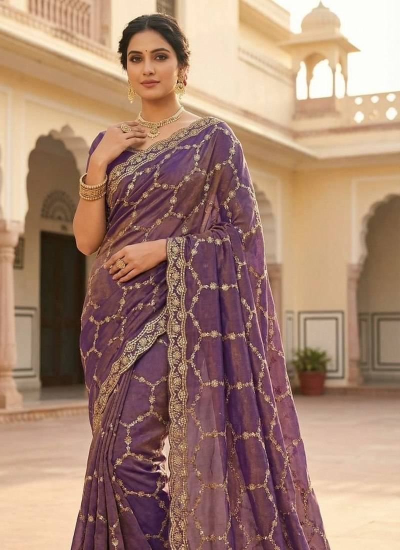 Lavendar Color Sequence embroidery work with Cut  work border silk Saree