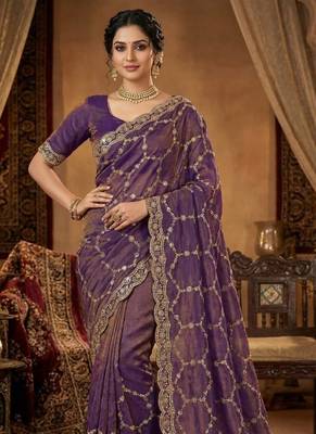 Lavendar Color Sequence embroidery work with Cut  work border art silk saree 2