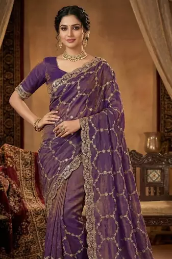 Lavendar Color Sequence embroidery work with Cut  work border art silk saree