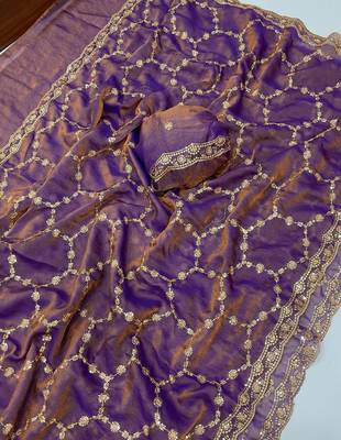 Lavendar Color Sequence embroidery work with Cut  work border art silk saree 3