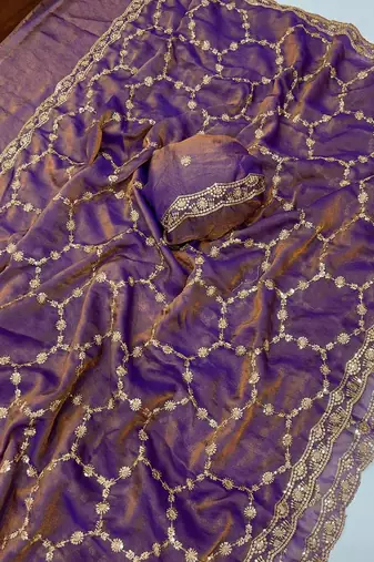 Lavendar Color Sequence embroidery work with Cut  work border art silk saree