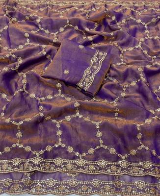 Lavendar Color Sequence embroidery work with Cut  work border art silk saree 4