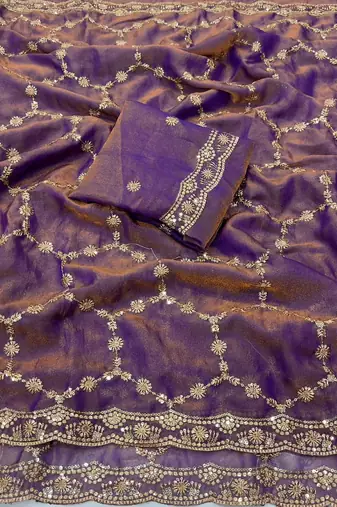 Lavendar Color Sequence embroidery work with Cut  work border art silk saree