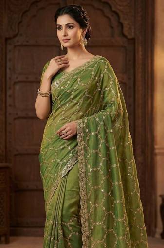 Olive Color Sequence embroidery work with Cut  work border silk Saree
