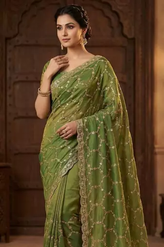 Olive Color Sequence embroidery work with Cut  work border silk Saree