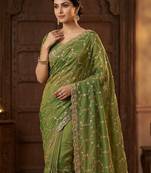 Olive Color Sequence embroidery work with Cut  work border silk Saree