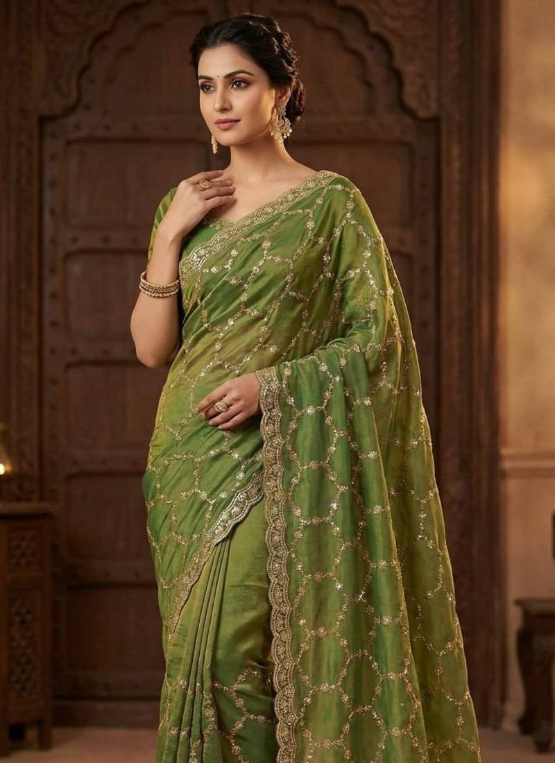 Olive Color Sequence embroidery work with Cut  work border silk Saree