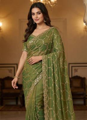 Olive Color Sequence embroidery work with Cut  work border art silk saree 2