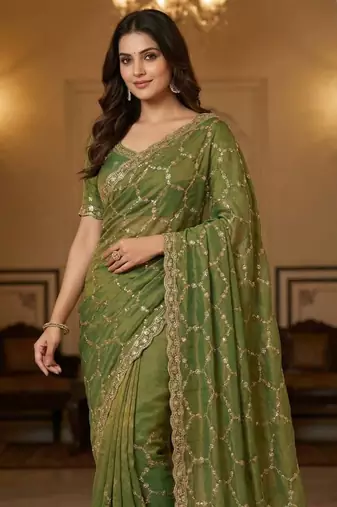 Olive Color Sequence embroidery work with Cut  work border art silk saree