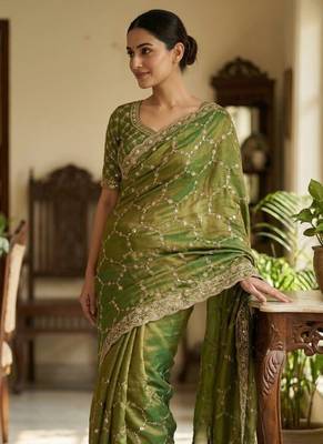Olive Color Sequence embroidery work with Cut  work border art silk saree 3