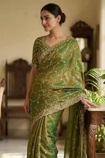 Olive Color Sequence embroidery work with Cut  work border art silk saree