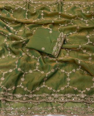 Olive Color Sequence embroidery work with Cut  work border art silk saree 4