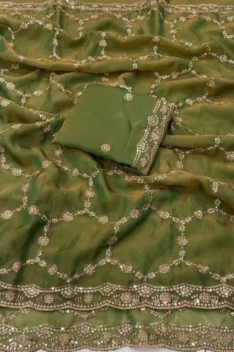Olive Color Sequence embroidery work with Cut  work border art silk saree