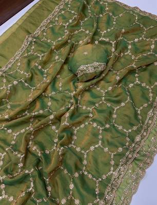 Olive Color Sequence embroidery work with Cut  work border art silk saree 5