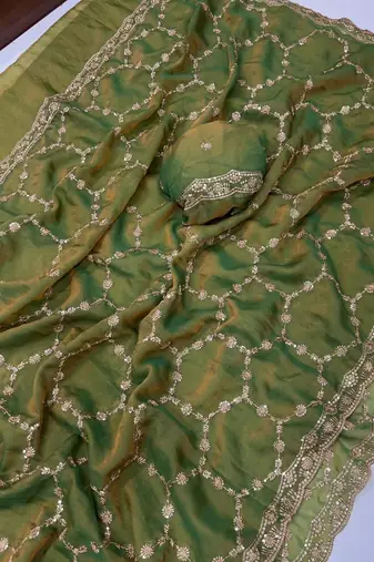 Olive Color Sequence embroidery work with Cut  work border art silk saree