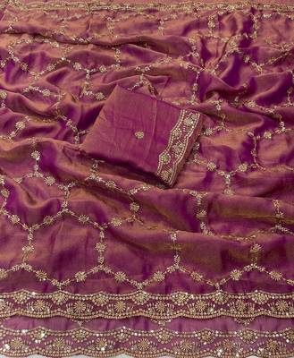 Onion pink Color Sequence embroidery work with Cut  work border art silk saree 1