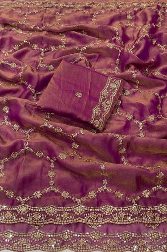 Onion pink Color Sequence embroidery work with Cut  work border silk Saree