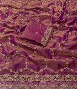 Onion pink Color Sequence embroidery work with Cut  work border silk Saree