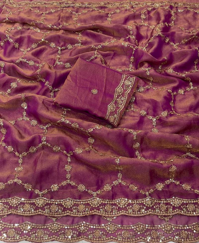 Onion pink Color Sequence embroidery work with Cut  work border silk Saree