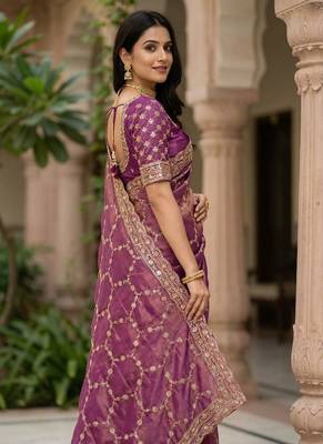 Onion pink Color Sequence embroidery work with Cut  work border art silk saree 2