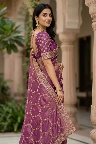 Onion pink Color Sequence embroidery work with Cut  work border art silk saree
