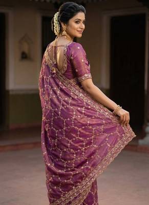 Onion pink Color Sequence embroidery work with Cut  work border art silk saree 3