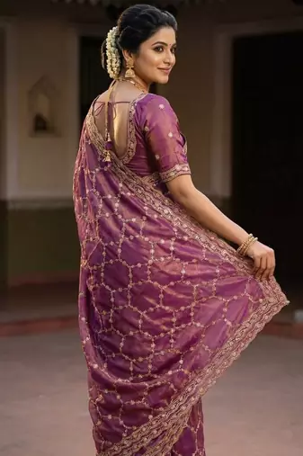 Onion pink Color Sequence embroidery work with Cut  work border art silk saree
