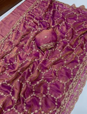 Onion pink Color Sequence embroidery work with Cut  work border art silk saree 4
