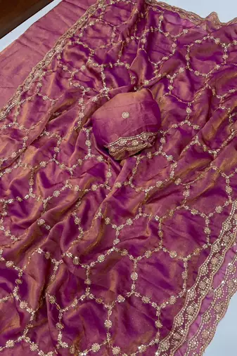 Onion pink Color Sequence embroidery work with Cut  work border art silk saree