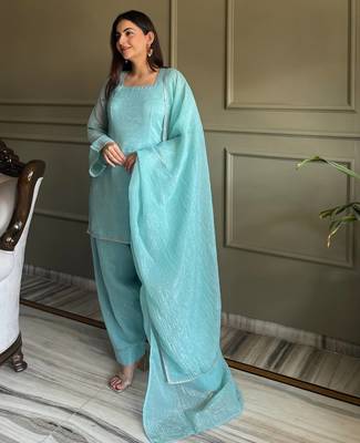 Blue women's crunchy silk kurta set with swarovski work & fancy lace border dupatta 1