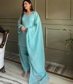 Blue women's crunchy silk kurta set with swarovski work & fancy lace border dupatta