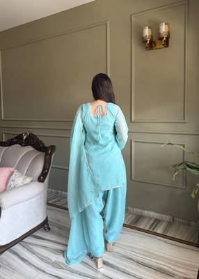 Blue women's crunchy silk kurta set with swarovski work & fancy lace border dupatta 2