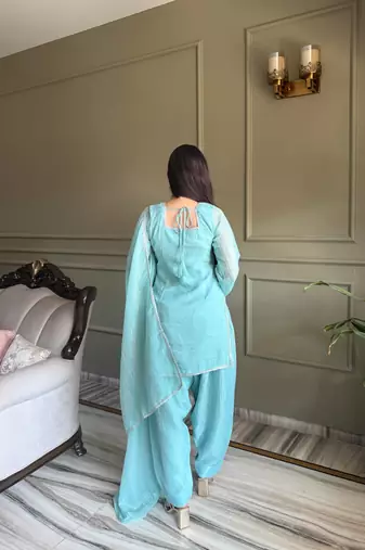 Blue women's crunchy silk kurta set with swarovski work & fancy lace border dupatta