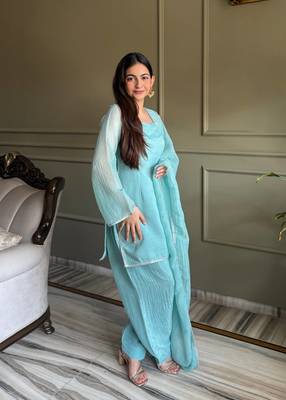 Blue women's crunchy silk kurta set with swarovski work & fancy lace border dupatta 3