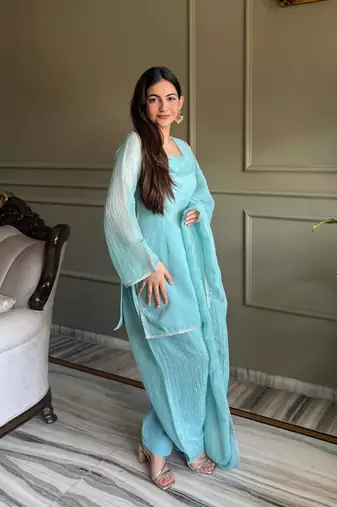 Blue women's crunchy silk kurta set with swarovski work & fancy lace border dupatta