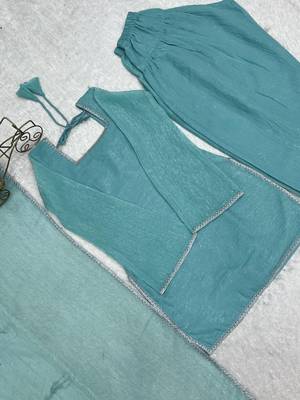 Blue women's crunchy silk kurta set with swarovski work & fancy lace border dupatta 4