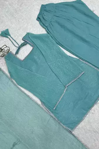 Blue women's crunchy silk kurta set with swarovski work & fancy lace border dupatta