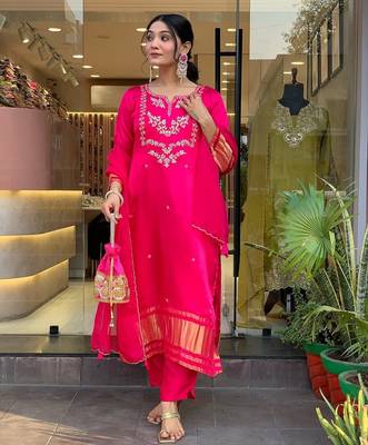 Women's viscose silk embroidered pink kurta pant set with chanderi dupatta 3
