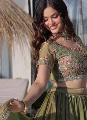 olive green floral embroidered lehenga choli set 2