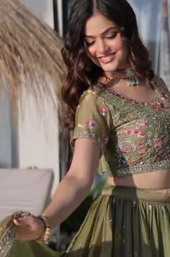 olive green floral embroidered lehenga choli set