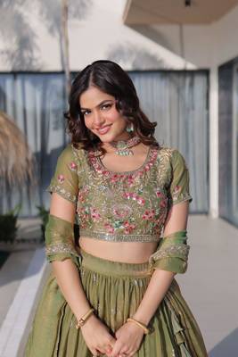 olive green floral embroidered lehenga choli set 3