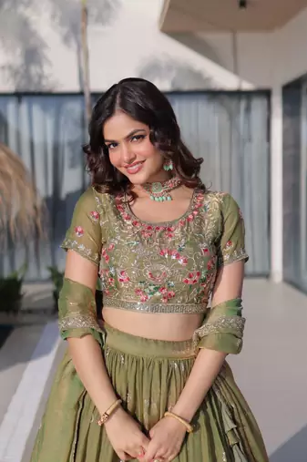 olive green floral embroidered lehenga choli set