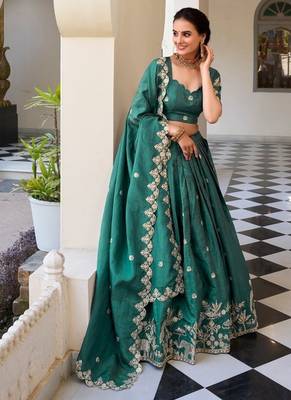 teal -Green Embroidered Lehenga 1