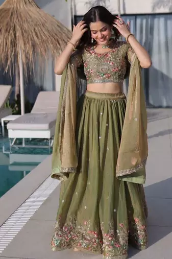 olive green floral embroidered lehenga choli set