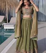 olive green floral embroidered lehenga choli set