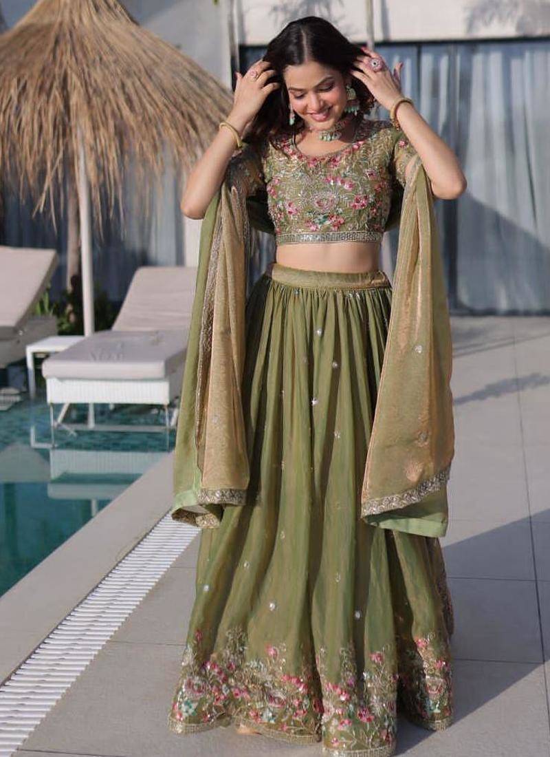 olive green floral embroidered lehenga choli set
