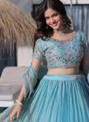 sky blue floral embroidered lehenga choli with dupatta 2
