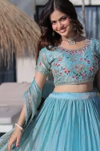 sky blue floral embroidered lehenga choli with dupatta