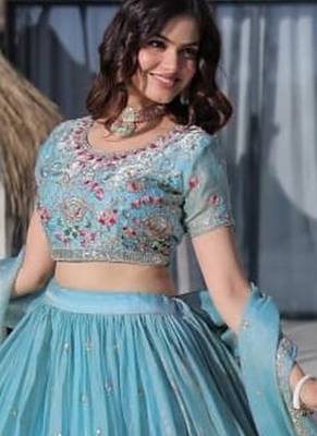 sky blue floral embroidered lehenga choli with dupatta 3