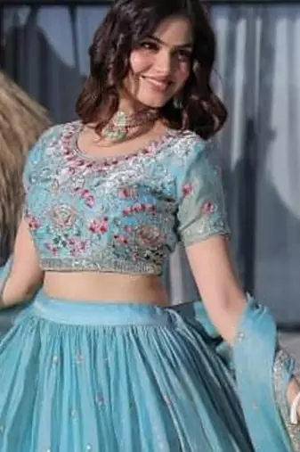 sky blue floral embroidered lehenga choli with dupatta